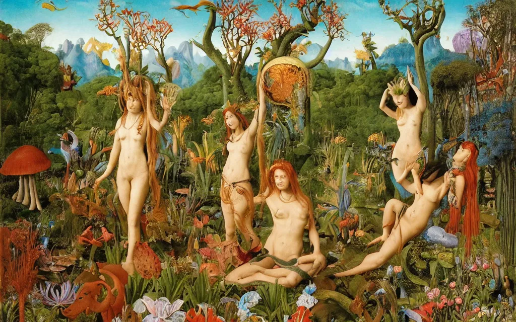 Image similar to a portrait photograph of a meditating mermaid shaman and a centaur monk feeding tropical animals at a wide river delta. surrounded by bulbous flowers, animals, trees and mushrooms. mountain range under a vast blue sky of burning stars. painted by jan van eyck, max ernst, ernst haeckel and artgerm, cgsociety, artstation, fashion editorial