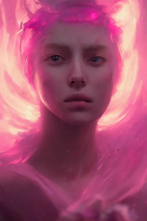 Image similar to a fancy close up portrait of a beautiful light mage covered in deep pink aura by Greg Rutkowski, Sung Choi, Mitchell Mohrhauser, Maciej Kuciara, Johnson Ting, Maxim Verehin, Peter Konig, final fantasy , mythical, 8k photorealistic, cinematic lighting, HD, high details, atmospheric,