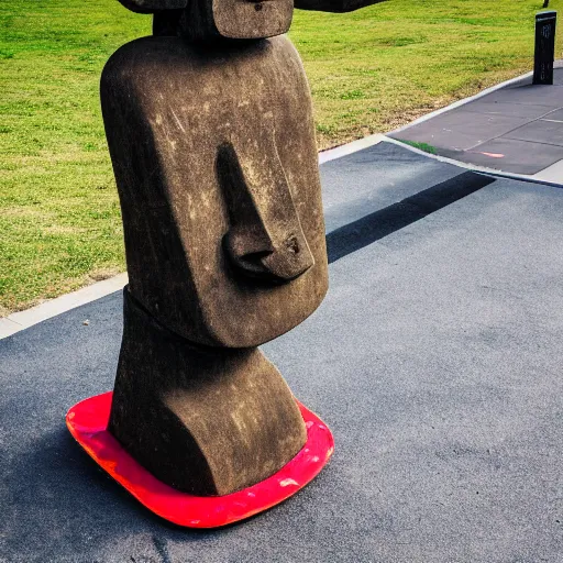 Image similar to moai statue doing a kickflip on a skateboard