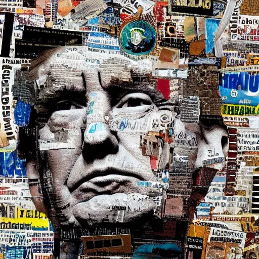 Image similar to a portrait of donald trump constructed from trash, collage, 🗑, trash, drop shadow,, layered composition, layers, texture, mcu, highly textured, layered, sculpted, dynamic,