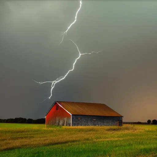 Image similar to lighting strikes at barn in the open fields, complementary colors