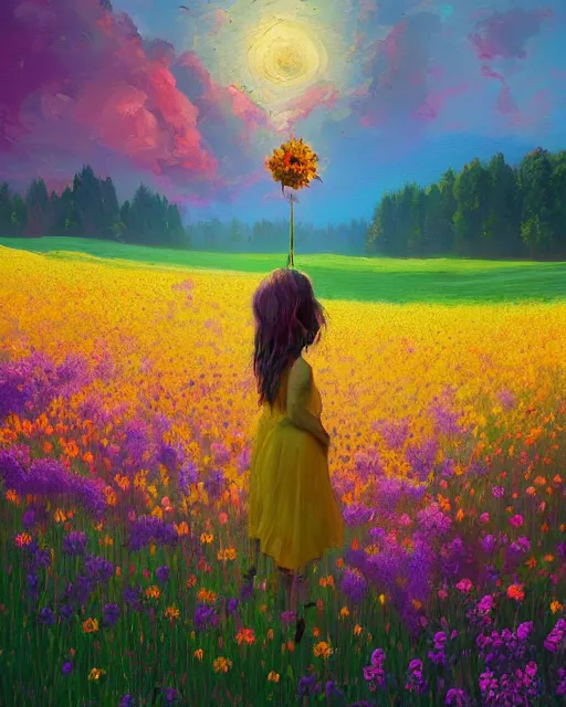 Image similar to girl with giant flower as a face and flower dress, standing in a flower field hills, big trees, sunrise dramatic light, impressionist painting, colorful clouds, digital painting, pointillism, artstation, simon stalenhag