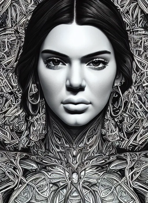 Prompt: portrait of kendall jenner an ultrafine detailed illustration by james jean, intricate linework, bright colors, final fantasy, behance contest winner, vanitas, angular, altermodern, unreal engine 5 highly rendered, global illumination, radiant light, detailed and intricate environment