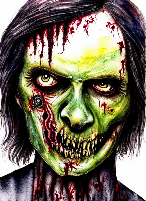 Prompt: zombie hollywood professional acting headshot, hyperrealism, intricate detailed, studio lighting, charming expression gesicht, watercolor art, drawn and painted, colored layers, dulled contrast