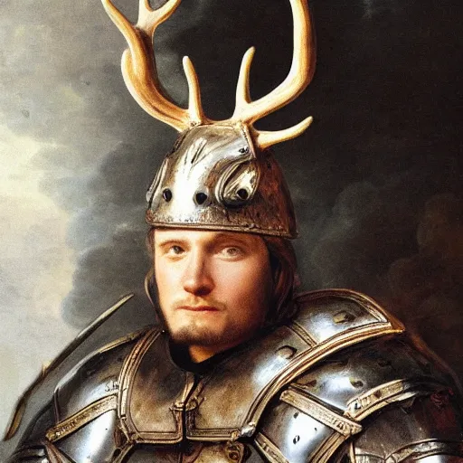 Prompt: a head and shoulders action portrait photo of a knight in a stag - themed helmet