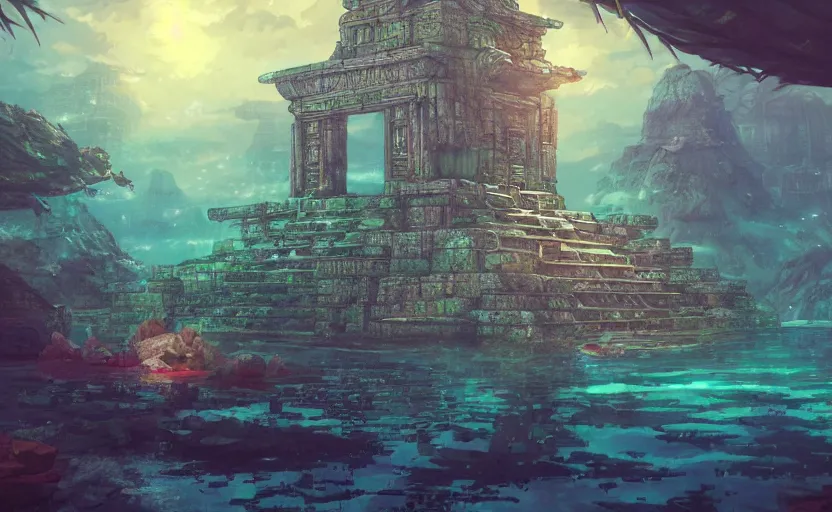 Image similar to anime underwater temple, semi realistic, straight lines, magical, ancient aztec temple, sci fi elements, overgrown, caustic lights, 8k hdr pixiv dslr photo by Makoto Shinkai ilya kuvshinov and Wojtek Fus, digital art, concept art,