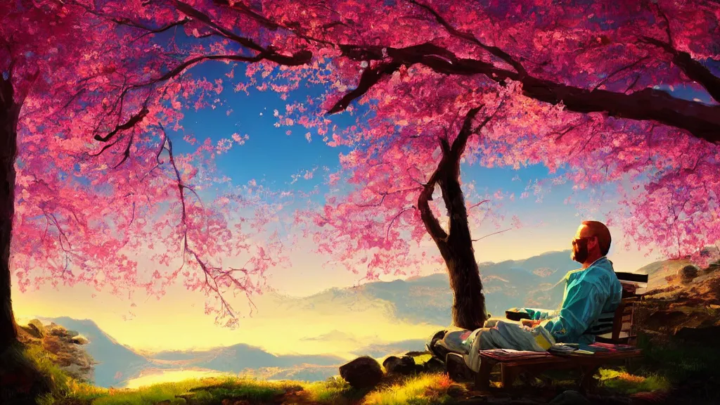 Image similar to featured on artstation walter white sitting under a cherry tree overlooking valley waterfall sunset beautiful image stylized digital art