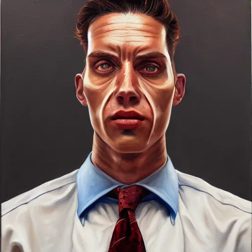 Prompt: a hyper realistic painting of a patient young man in a burning business suit, coherent symmetrical eyes, calm face, by jeffrey smith, by andrea kowch, by steve henderson, masterpiece, trending on artstation,