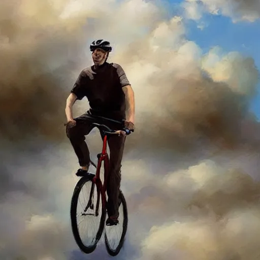 Prompt: A man riding his bicycle through the clouds in the sky, evokes feelings of wonder and amazement, an expressive oil painting by Wes Wilson and Krenz Cushart