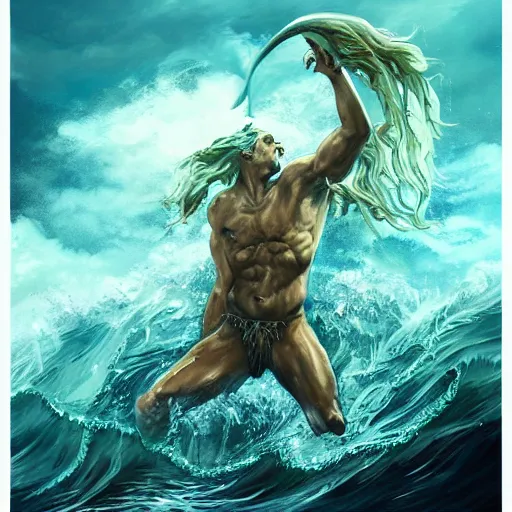 Image similar to portrait of proud and screaming Poseidon rising from the ocean, ready to fight, fantasy painting, artstation