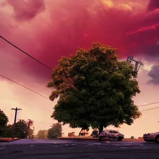 Prompt: low angle, pink golden clouds, blue sky, golden hour, telephone lines, thunder storm, lightening, detailed, photograph, award wining, trending on artstation, 4k, unreal engine 5, octane render, neon highlights