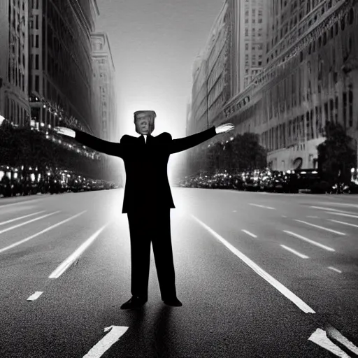 Image similar to “Very photorealistic photo of Donald Trump standing in the middle of Fifth Avenue and shooting somebody, atmospheric lighting, award-winning”