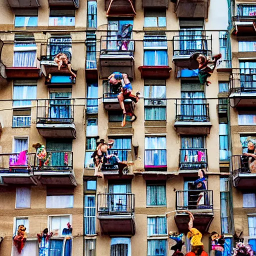 Prompt: dwarfs jumping from balcony, photography