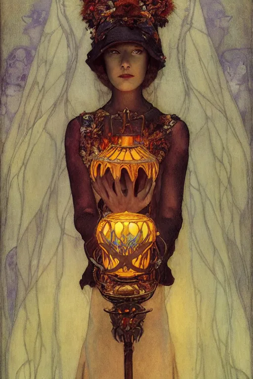 Prompt: queen of the dead with her lantern and regalia, by Annie Swynnerton and Nicholas Roerich and jean delville and Gaston Bussière, black leather and embroidered velvet, iridescent beetles, dramatic cinematic lighting, featured on Artstation, extremely detailed, hyperrealism,