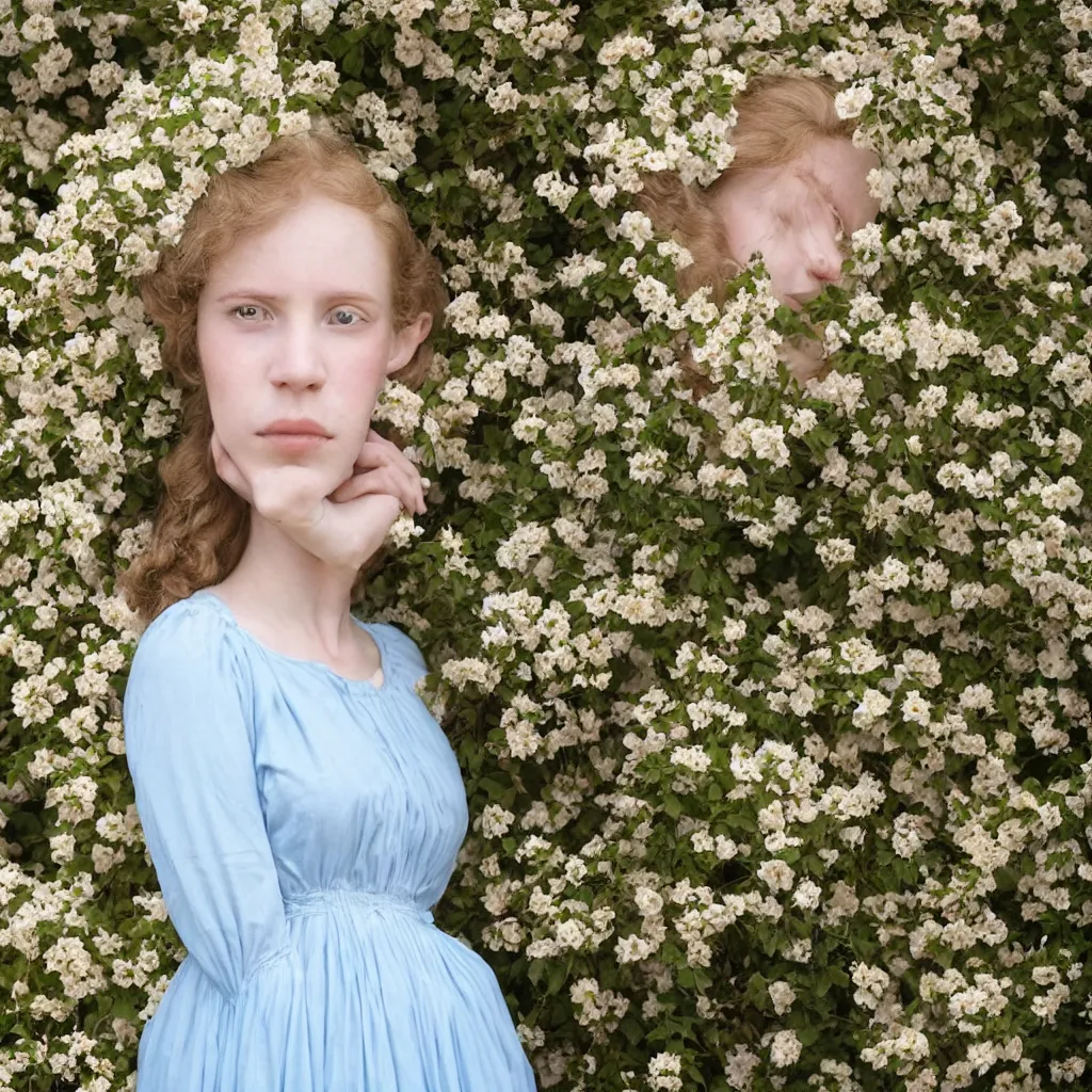 Prompt: portrait of a young lady in a light blue dress 1 9 0 0 s one entire head shown in great detail, she doesn't have a face, in a beautiful garden, looking at the camera, full body in camera, blonde hair, garden, photorealistic, extreme detail, sharp focus, 8 k, intricate, hyper detailed, realistic, cinematic lighting