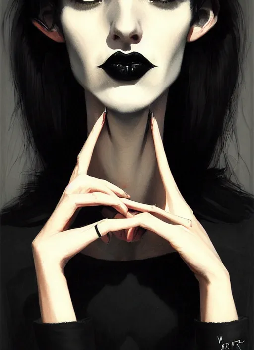 Image similar to portrait of a lanky woman with a crooked nose and a confident expression, 1 9 6 0 s, black clothes, goth, punk, funk, intricate, elegant, highly detailed, digital painting, artstation, concept art, smooth, sharp focus, illustration, art by wlop, mars ravelo and greg rutkowski