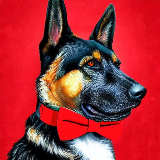Prompt: german shepherd wearing a tuxedo with a red bow tie, digital art, highly detailed, vibrant colors, 8 k