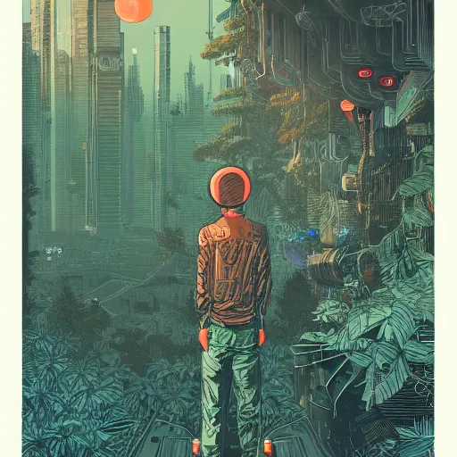 Prompt: Stunningly intricate illustration of single cyberpunk explorer overlooking lush forest, highly detailed, midnight, small glowing orbs by Victo Ngai and James Gilleard , Moebius, Laurie Greasley