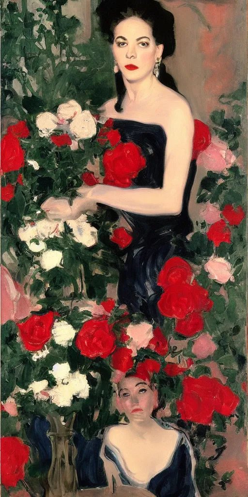 Image similar to portrait of rebekah delrio in lynch pattern dress beside of a big persian detailed pot of red roses, blue and red lights, mulholland drive, painted by john singer sargent and kim jungi - w 5 7 6