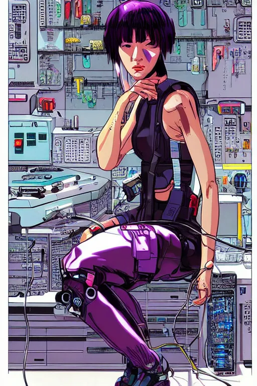 Image similar to cyberpunk illustration of motoko kusanagi seated in the lab, with wires and cables coming out of her head and back, by moebius, masamune shirow and katsuhiro otomo, colorful, detailed, side view