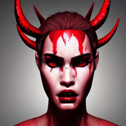 Image similar to artstation young woman with red eyes and horns on her head in fury, very detailed, , portrait, high contrast