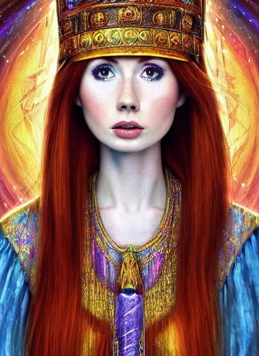 Image similar to beautiful 20 year old Karen Gillan as the goddess priestess of joy. ultra detailed painting at 16K resolution and amazingly epic visuals. epically beautiful image. amazing effect, image looks gorgeously crisp as far as it's visual fidelity goes, absolutely outstanding. vivid clarity. ultra. iridescent. mind-breaking. mega-beautiful pencil shadowing. beautiful face. Ultra High Definition. godly shading. amazingly crisp sharpness. photorealistic film cel processed twice..