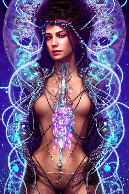 Image similar to a centered render of an alluring majestic post apocalyptic cyborg goddess wearing flowing silk gemstones and crystals and leather clothing surrounded by bio - luminescent jellyfish and sacred geometry, perfect body and face, gorgeous, cinematic, beautifully lit, by artgerm, by karol bak, by donato giancola, 3 d, trending on artstation, octane render, 8 k