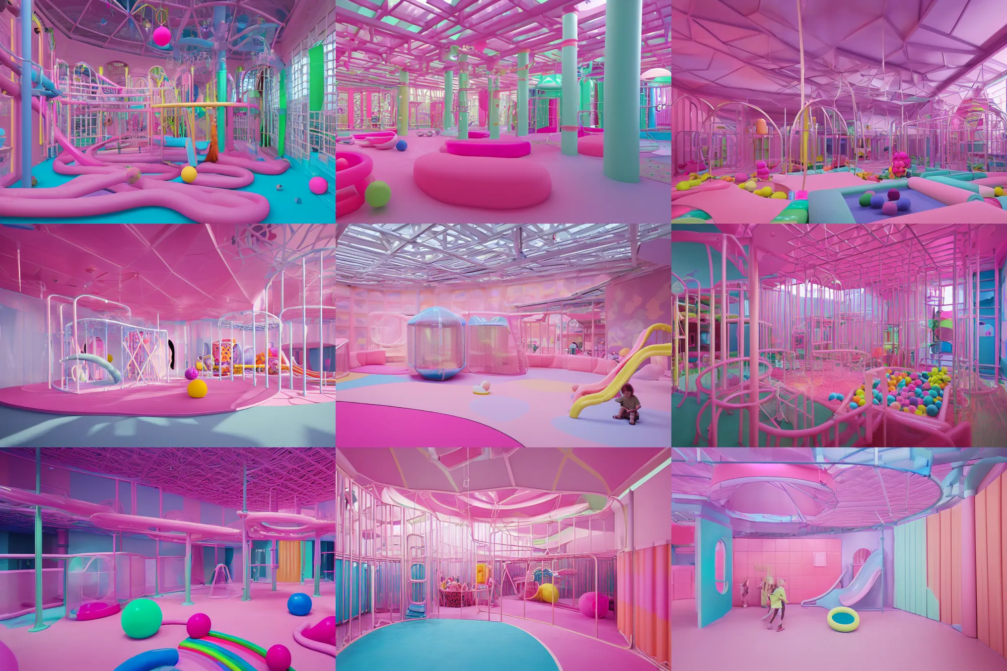 Prompt: pink pastel indoor play space megastructure with slides tubes and a ball pit, Discovery zone, Softplay, cinematography by Wes Anderson, Wide angle shot, pastel colors, 4k octane render, Fuji film, intricate detail, photoreal, cinematic, sublime atmosphere