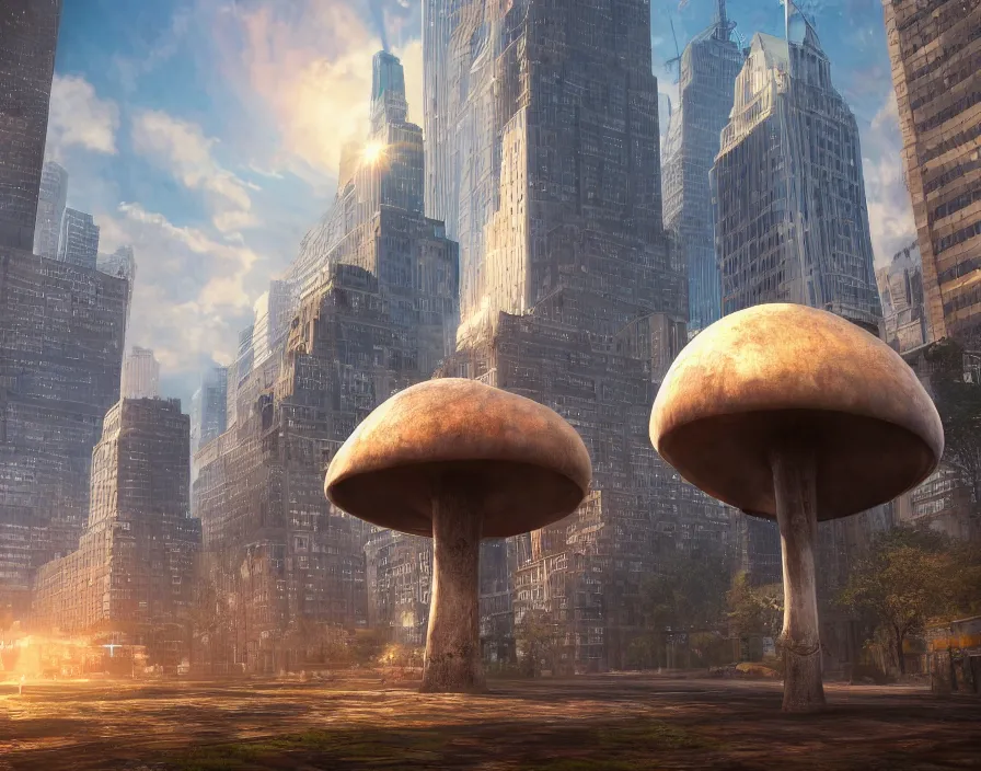 Image similar to giant metal mushrooms in new york, beautiful graphics, fantasy artwork, very beautiful scenery, hd, hdr, ue 5, ue 6, unreal engine 5, cinematic 4 k wallpaper, 8 k, ultra detailed