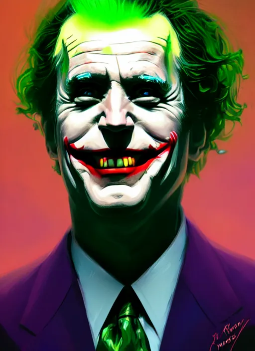 Image similar to portrait of joe biden as the joker, green hair, intricate, elegant, glowing lights, highly detailed, digital painting, artstation, concept art, sharp focus, illustration, art by wlop, mars ravelo and greg rutkowski