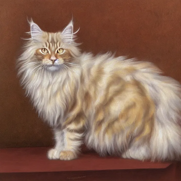 Image similar to A realistic renaissance oil painting of a Maine Coon cat, bi-colored with white and ginger fur, pale yellow eyes, portrait