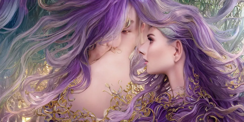 Image similar to wide angle, opalescent purple panther, metallic silver and ice color reflected crystal hair, leaping from babaob tree, fantasy, intricate, very beautiful, elegant, golden light, highly detailed, digital painting, artstation, concept art, smooth, sharp focus, unreal engine, art by wlop and tian zi and alphonse mucha