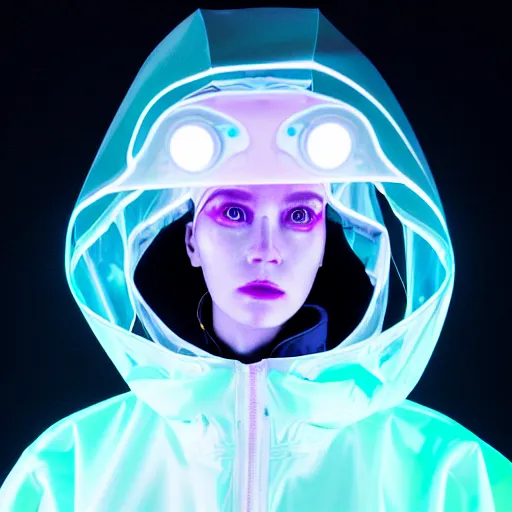 Image similar to an ultra high definition professional studio quality photograph of an artificially intelligent cyberpunk art influencer wearing a transparent iridescent pastel coloured face visor and matching squid based raincoat on white coat hook in a sheer icelandic black rock environment. dramatic lighting. volumetric shadows. light rays