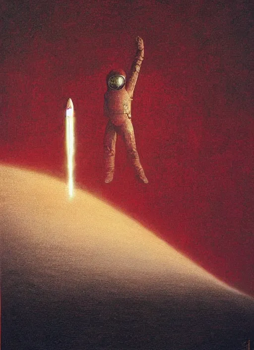 Prompt: A painting in a style of Beksinski featuring Elon Musk on mars. There is a rocket in the sky. Very detailed, symmetry