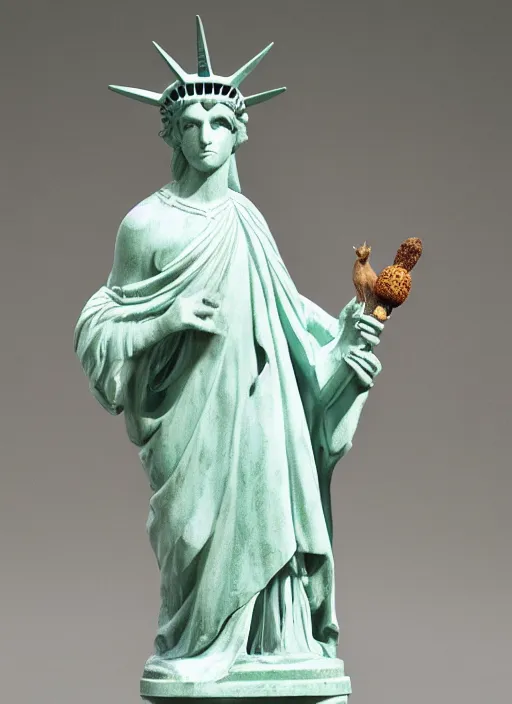 Image similar to A marble statue of squirrel standing in a pose of Statue of Liberty, holding an acorn, museum photo