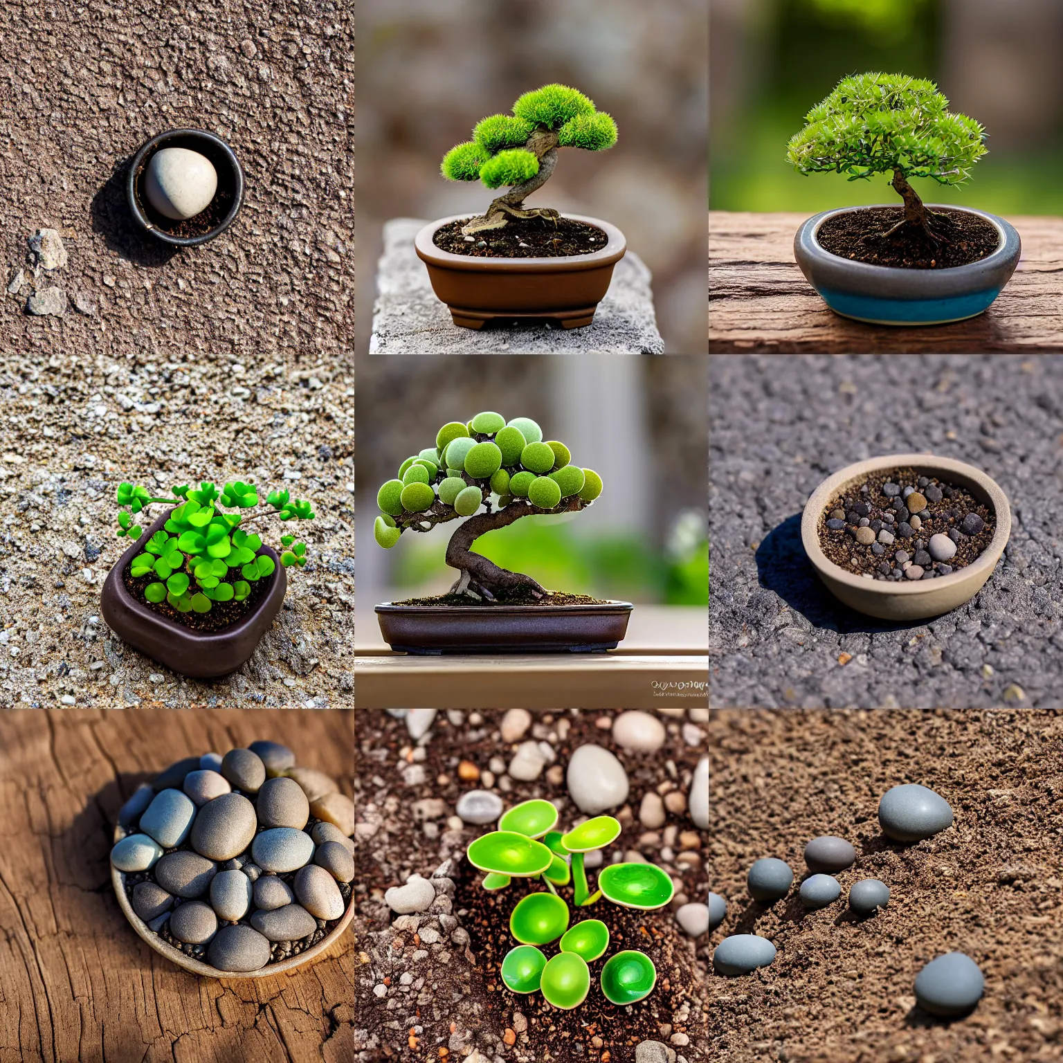 Prompt: Bonsai lithops pebble plant in training since 1724, photograph from the national arboretum, white stone wall background, sitting outdoors on a wooden table, Canon EOS R3, f/1.4, ISO 200, 1/160s, 8K