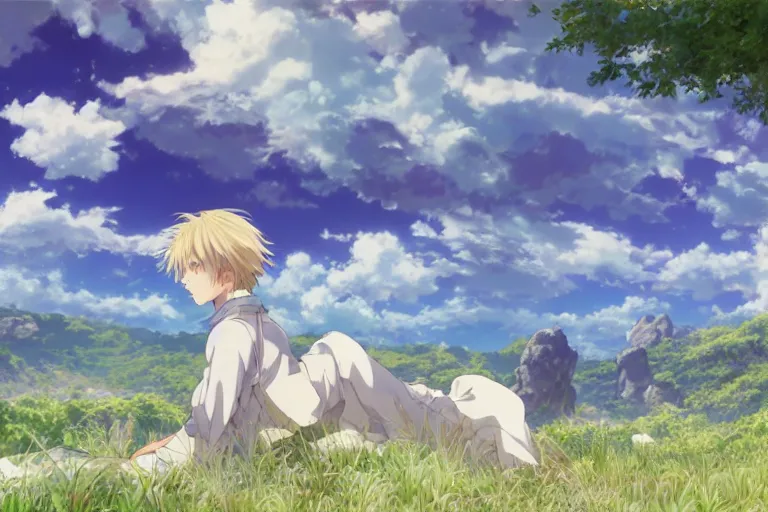 Image similar to a vast scene, panorama distant view, anime art full body portrait character concept art, hyper detailed scene render of a boy and white lion, anime key visual of violet evergarden, finely detailed perfect face delicate features directed gaze, in the white clouds fairyland, trending on pixiv fanbox, violet evergarden, studio ghibli, james jean, extremely high quality artwork