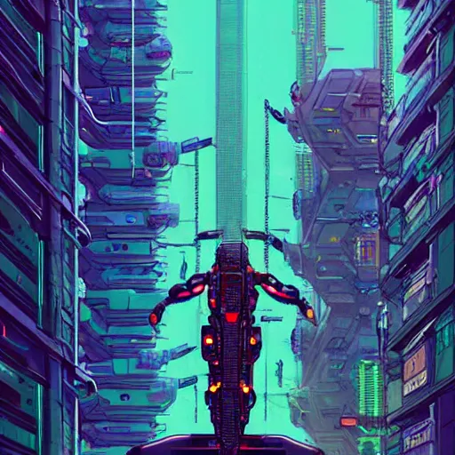 Image similar to Long shot of cyberpunk turtle cyborg on the street of a cyberpunk city, view from bottom to top, 150 mm lens, art by Josan Gonzalez, sci-fi, highly detailed, digital painting, artstation, smooth, sharp focus, illustration, concept art by Josan Gonzalez and James Gurney and Mœbius