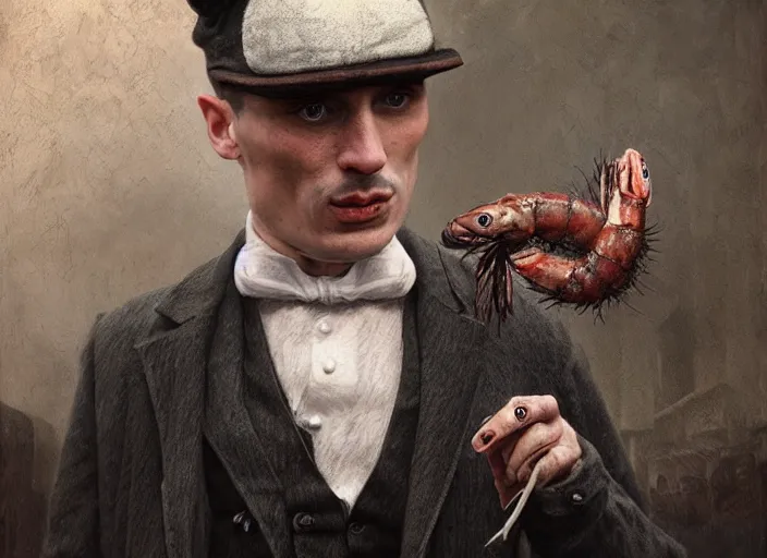 Image similar to thomas shelby with a shrimp on the head, lowbrow, matte painting, 3 - d highly detailed, in the style of mark ryden,