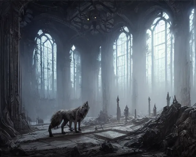 Prompt: king of the wolves - fantasy, inside the king's hall wolves and their treasures, ethereal, ominous, misty, 8 k, by h. r. giger and greg rutkowski