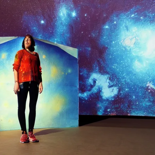 Image similar to A woman is inside a giant box that is painted to look like space. She is standing above a floating platform.