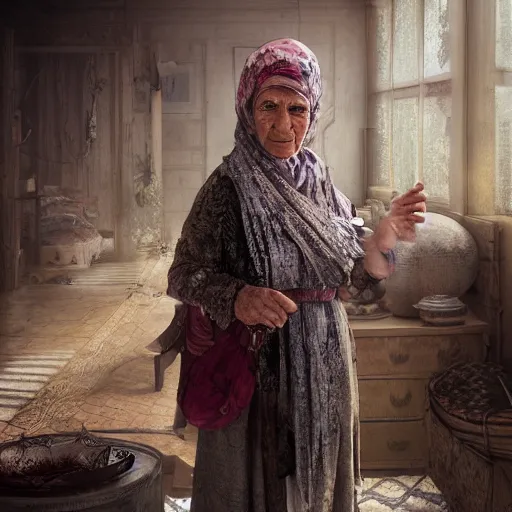Prompt: hyperrealistic mixed media high resolution image of a Kurdish grandmother, stunning 3d render inspired art by István Sándorfi and Greg Rutkowski and Unreal Engine, perfect symmetry, dim volumetric lighting, 8k octane beautifully detailed render, post-processing, extremely hyper-detailed, intricate, epic composition, highly detailed attributes, highly detailed atmosphere, full body shot, cinematic lighting, masterpiece, trending on artstation, very very detailed, masterpiece, stunning, flawless structure, lifelike texture, perfection,