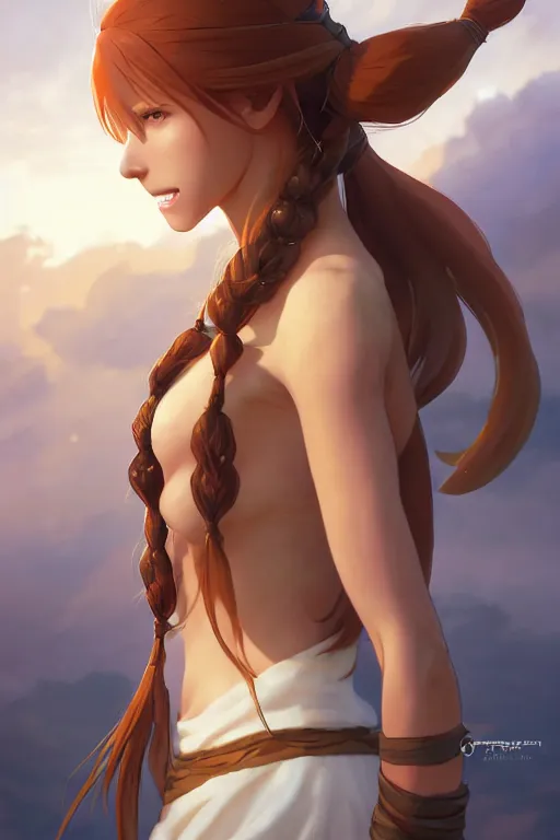 Image similar to long ginger hair, tanned woman in a prehistoric outfit, by artgerm, hair tied in a ponytail, white backdrop, soft lighting, cold colors, by greg rutkowski makoto shinkai takashi takeuchi