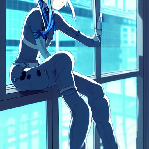 Prompt: cyborg - girl with silver hair, wearing headphones, and sitting on a window sill, highly detailed, painting, dark blue and black color palette, intricate, high quality anime artstyle, in the style of makoto shinkai