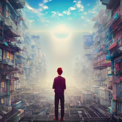 Prompt: a young man walking on clouds away from the camera perfectly centered above post - apocalyptic city by takashi murakami, beeple and james jean, aya takano color style, 4 k, super detailed, modern, 4 k, symmetrical