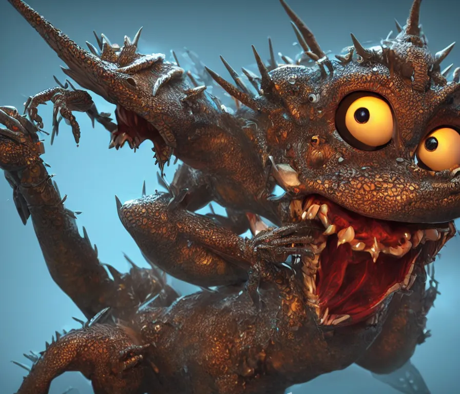 Prompt: a detailed 3d render of a bionic creature with spider eyes and cute dragon features in the style of pixar, cinematic, octane render, cgsociety, artstation, 8k, compositing, beautiful, mystical