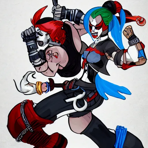 Prompt: Harley Quinn as a skullgirls character, fighting ryu from street fighter, hand drawn, highly detailed