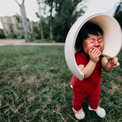 Prompt: a toddler with a megaphone, crying intense