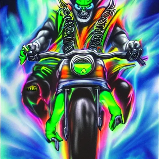 Image similar to psychedelic blacklight airbrush artwork, hyper stylized action shot of an orc biker riding a motorcycle, airbrushed on a black background