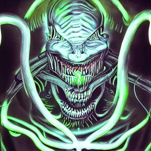 Image similar to a giger demon with fluorescent flesh, wispy ink horrors, prismatic neon glow backdrop, photo pic by hyperrealism